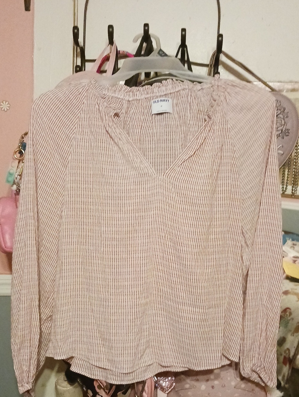 Old Navy Pink and White Striped Long-Sleeve Peasant Blouse